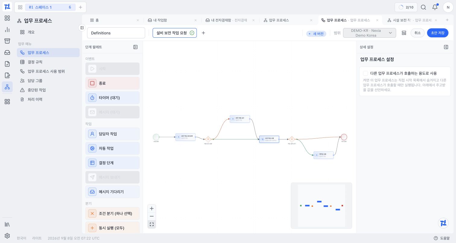 시설 보전 작업 요청의 전체 BPMN 캔버스