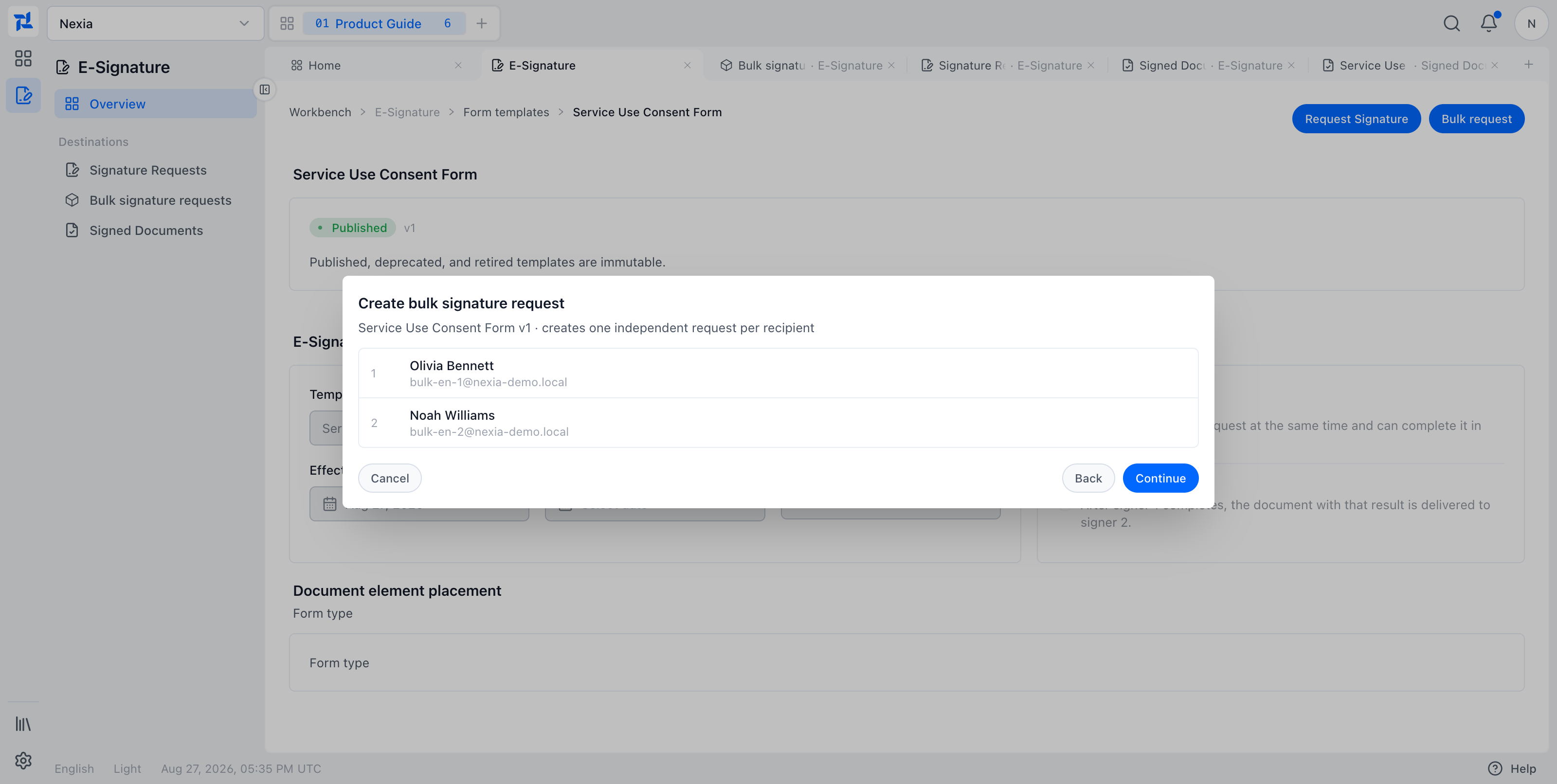 Reviewing two recipients before approving a bulk request