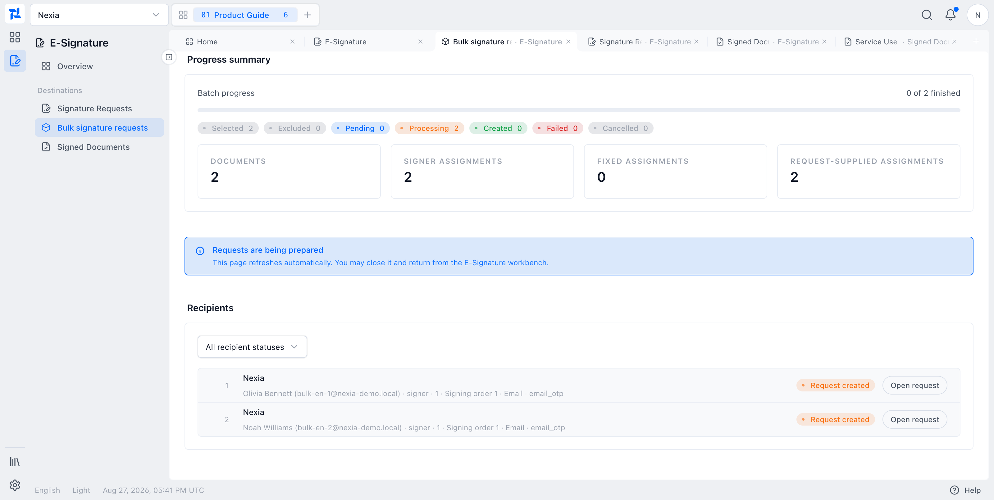 Two Nexia recipient rows with Request created and Open request actions