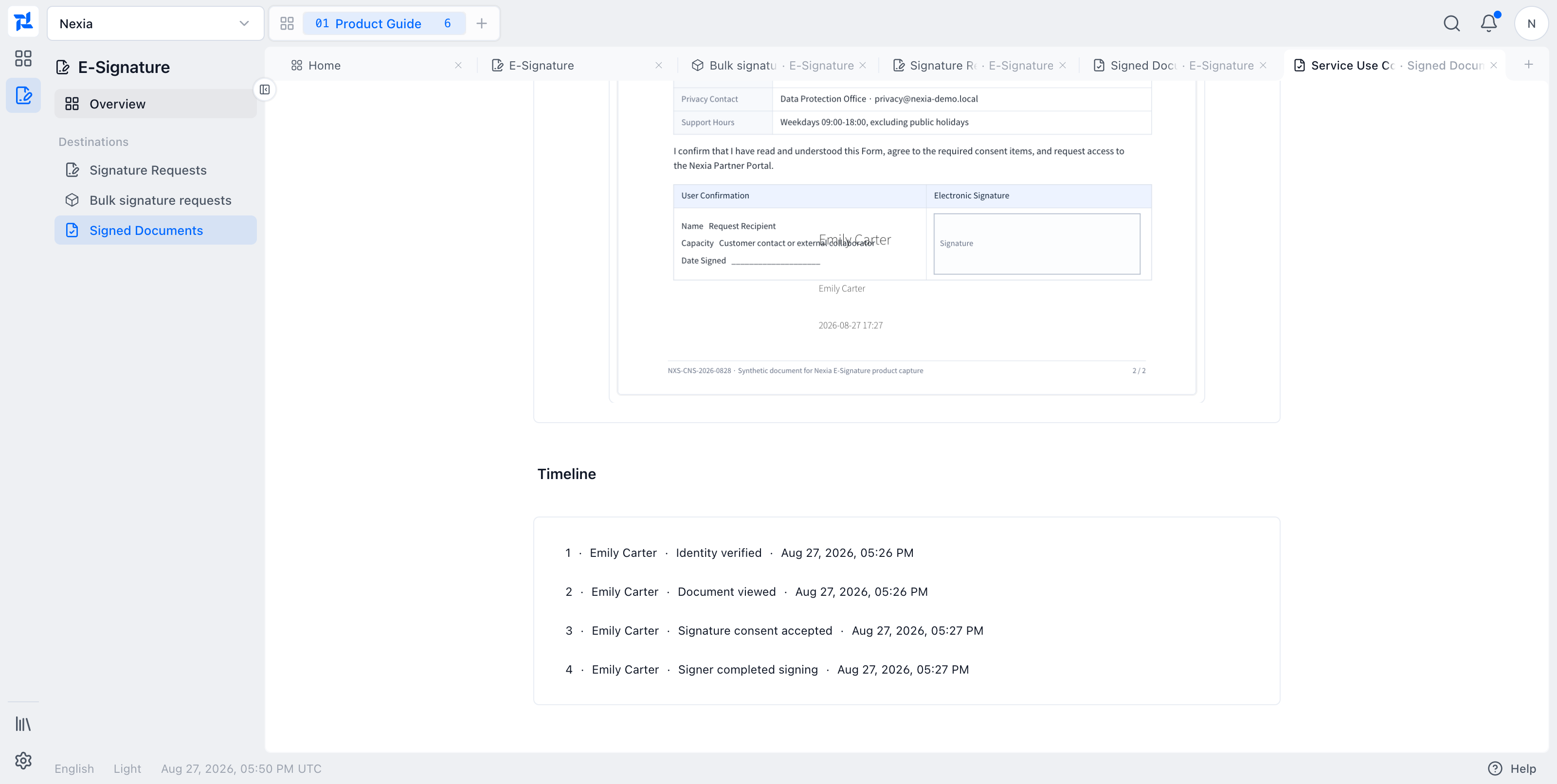 Signed PDF and four-step identity, view, consent, and completion timeline