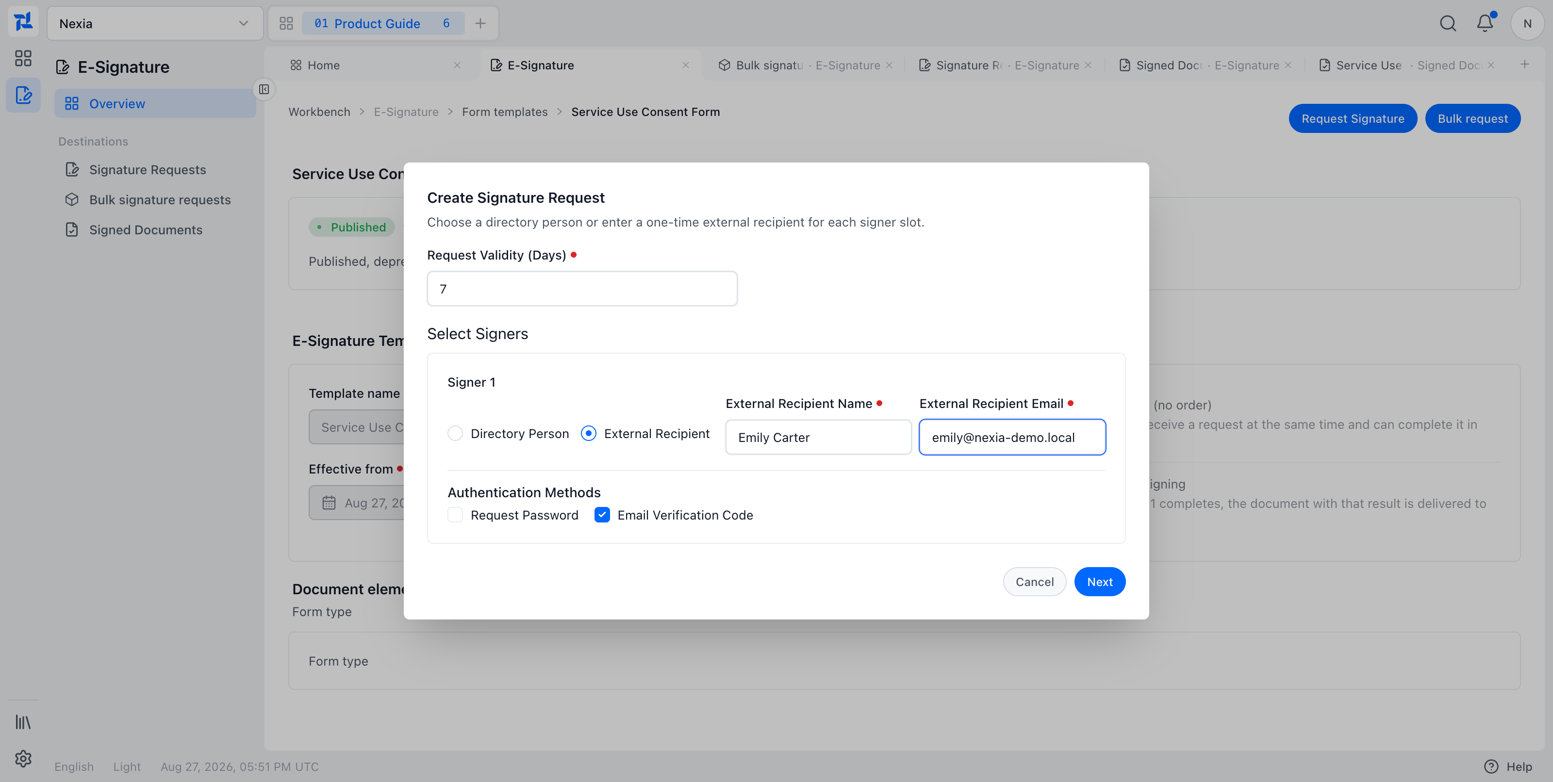 Single request configured for an external recipient and email verification