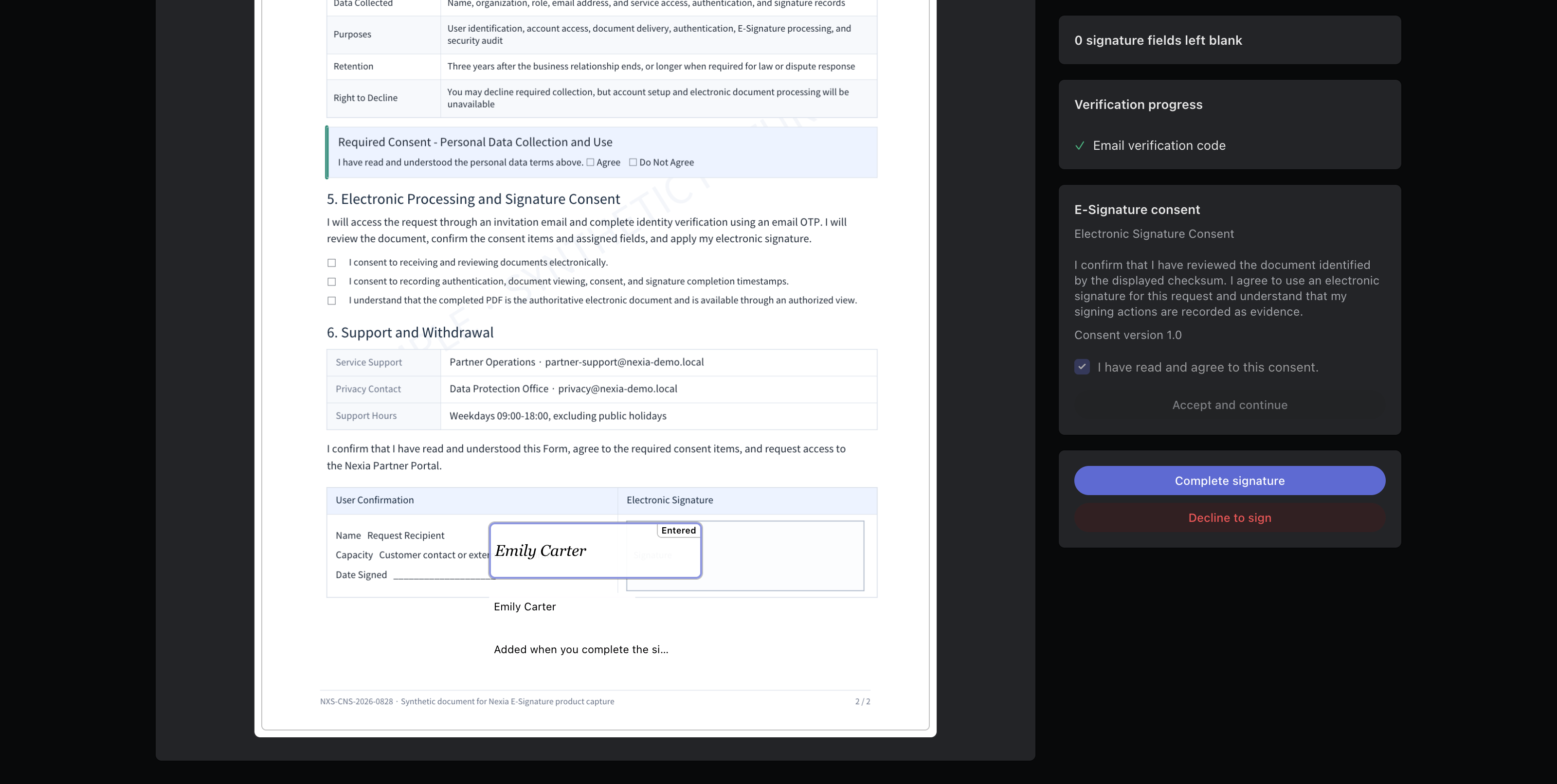 Recipient ready to complete after verification, consent, and signature entry