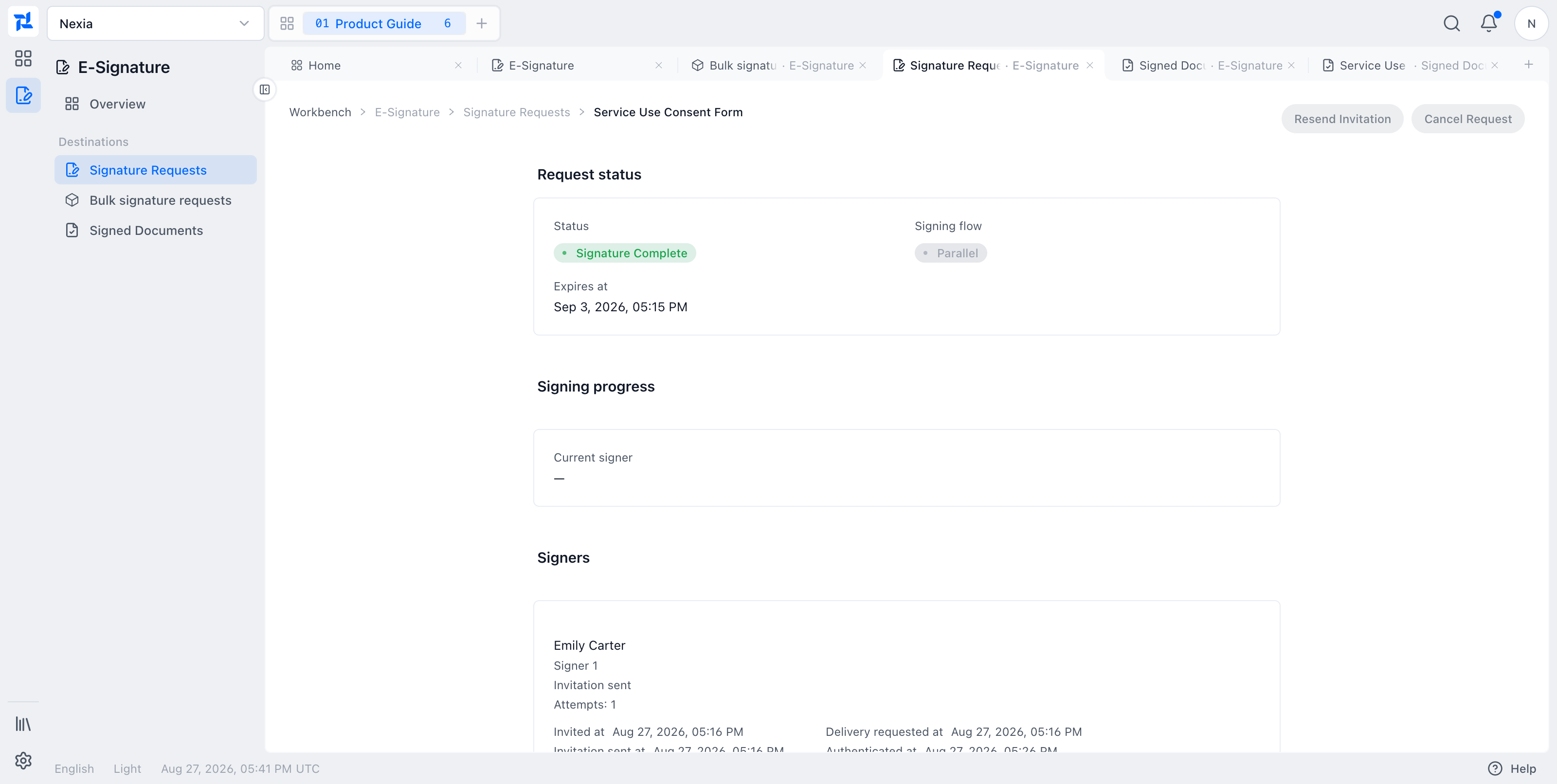 Completed request detail with signer milestones and terminal actions