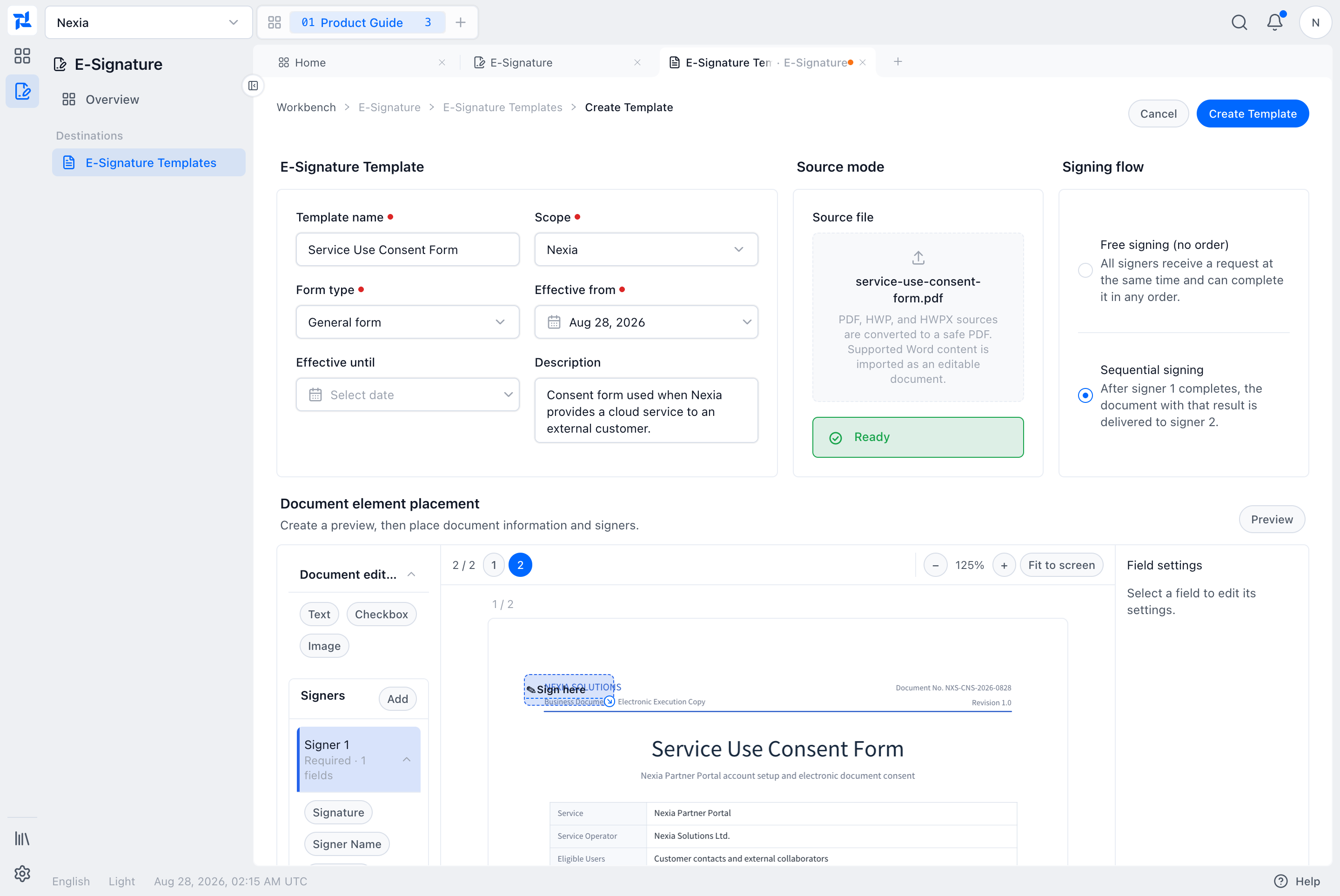 Service Use Consent Form metadata, ready PDF source, and sequential signing flow