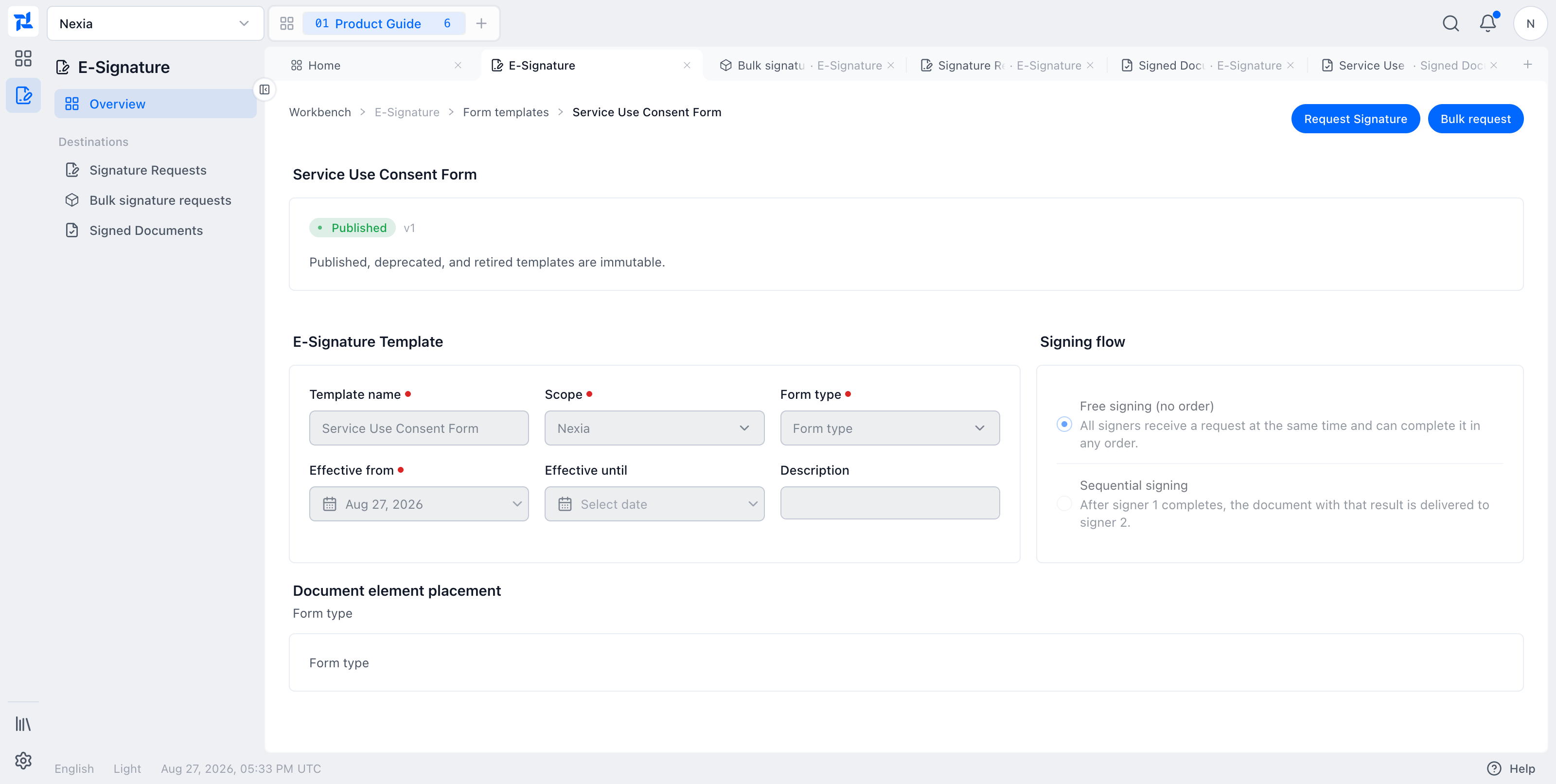 Published Nexia form ready for single or bulk signature requests