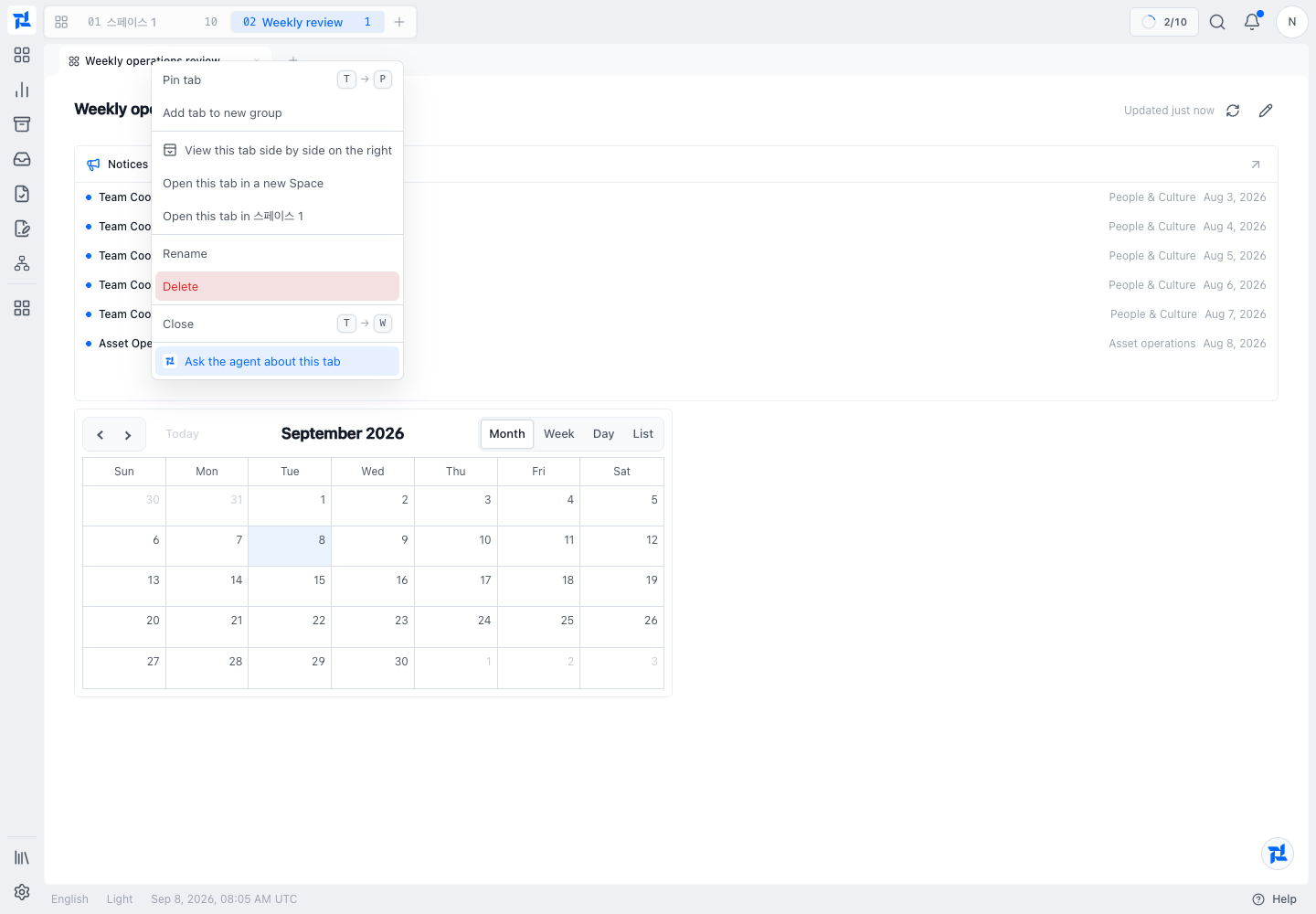 The Work Tab context menu